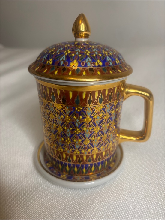 hand painted in thailand Other - Ornate Blue and Gold Ceramic Lidded Mug with Saucer